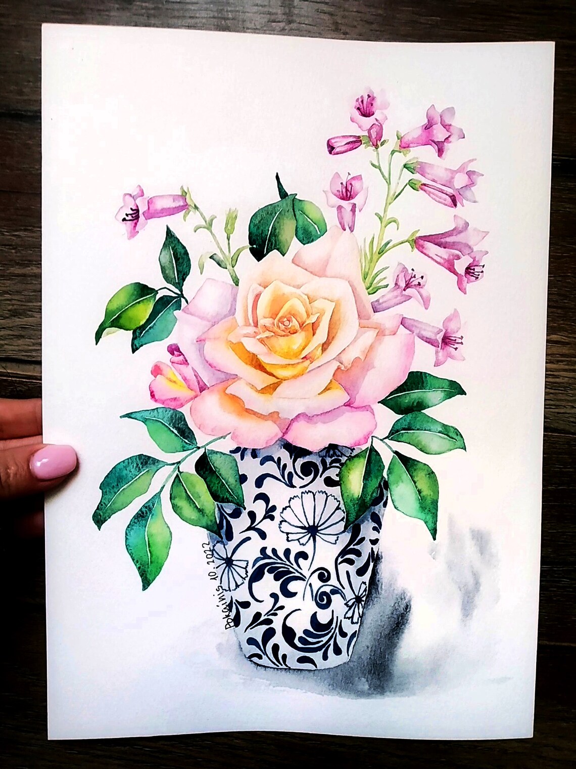 Peach Rose in Blue Chinoiserie Vase Watercolor Floral Poster - Image 4