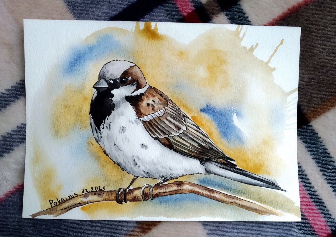 Male House Sparrow on Branch Golden Background Watercolor Poster - Image 5
