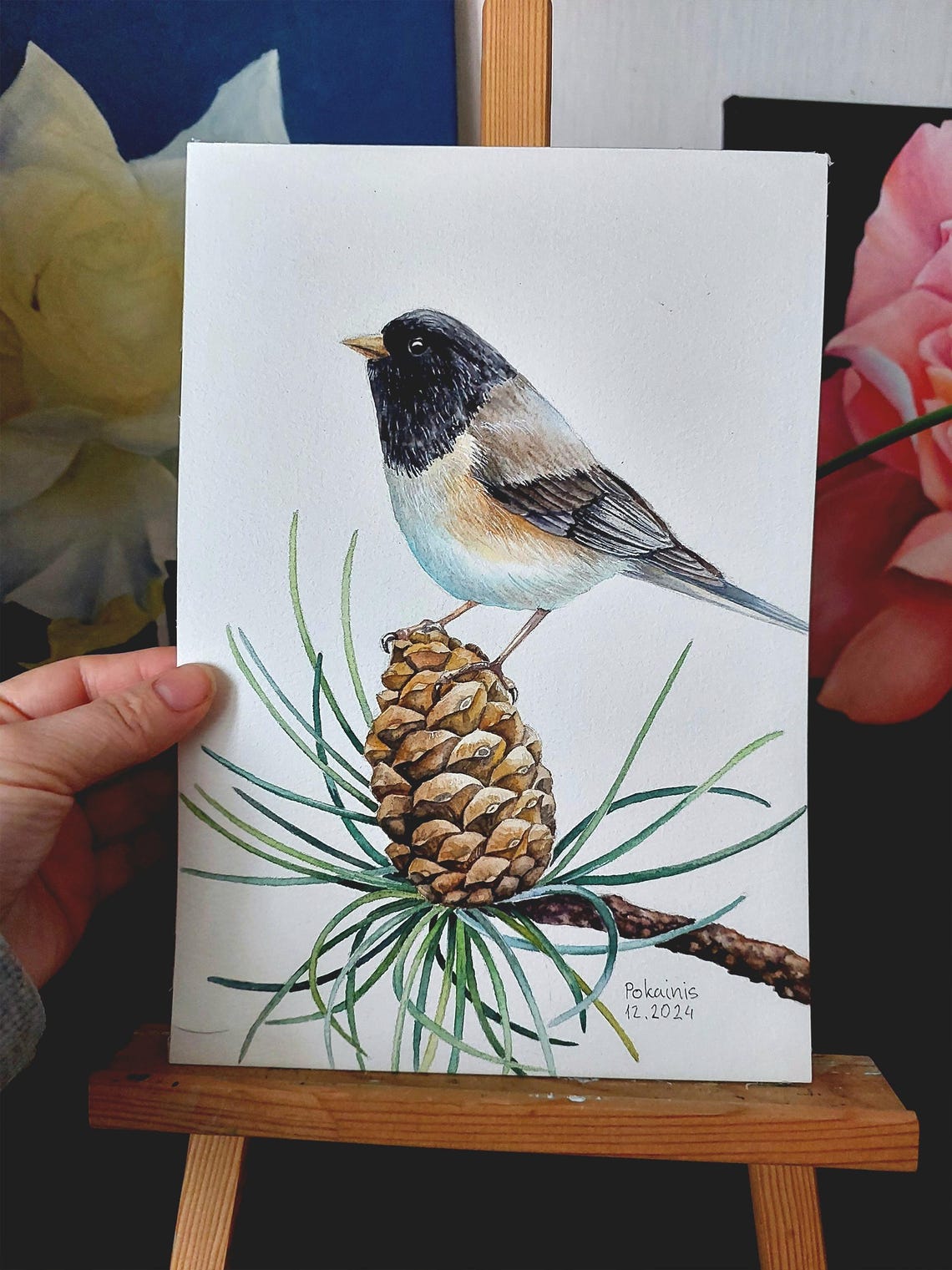 Dark-Eyed Junco Perched on a Pine Cone Watercolor Bird Poster - Image 2