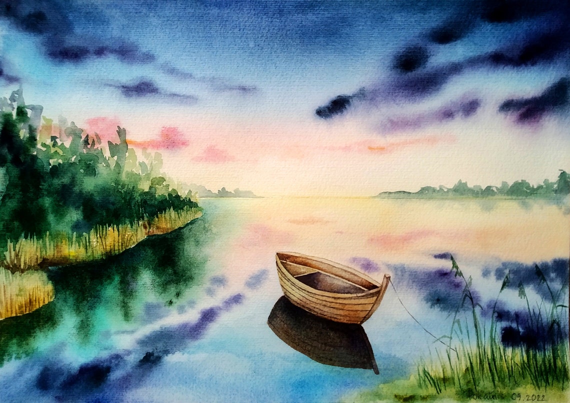 Landscape Original Watercolor Painting Rowboat Wall Art Painting From Photo Sunset Fog Artwork Custom Boat Painting Lake Watercolor Art