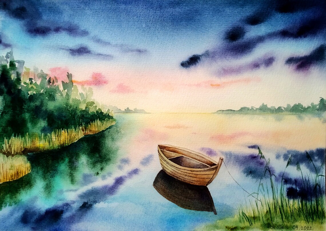 Wooden Rowboat on a Lake at Sunset Watercolor Evening Scene Poster