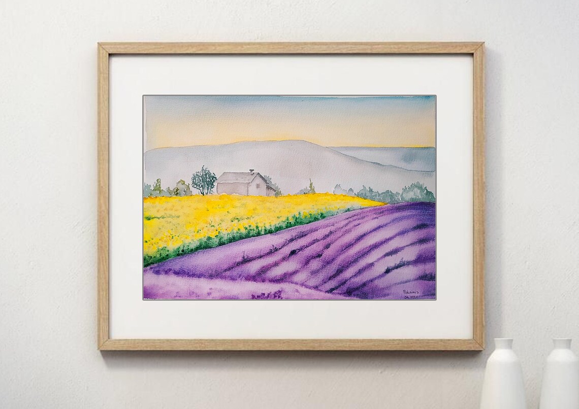 Lavender and Sunflower Fields Farmhouse Landscape Watercolor Poster - Image 3
