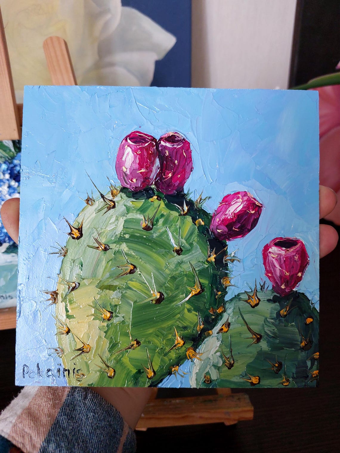 Prickly Pear Cactus with Magenta Fruit Under Blue Sky Oil Print - Image 5