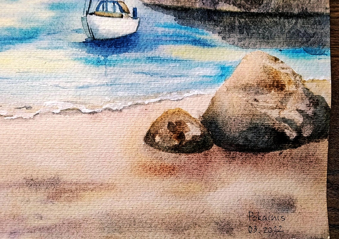Sailboat Anchored in Rocky Cove Watercolor Tranquil Seaside Poster - Image 2