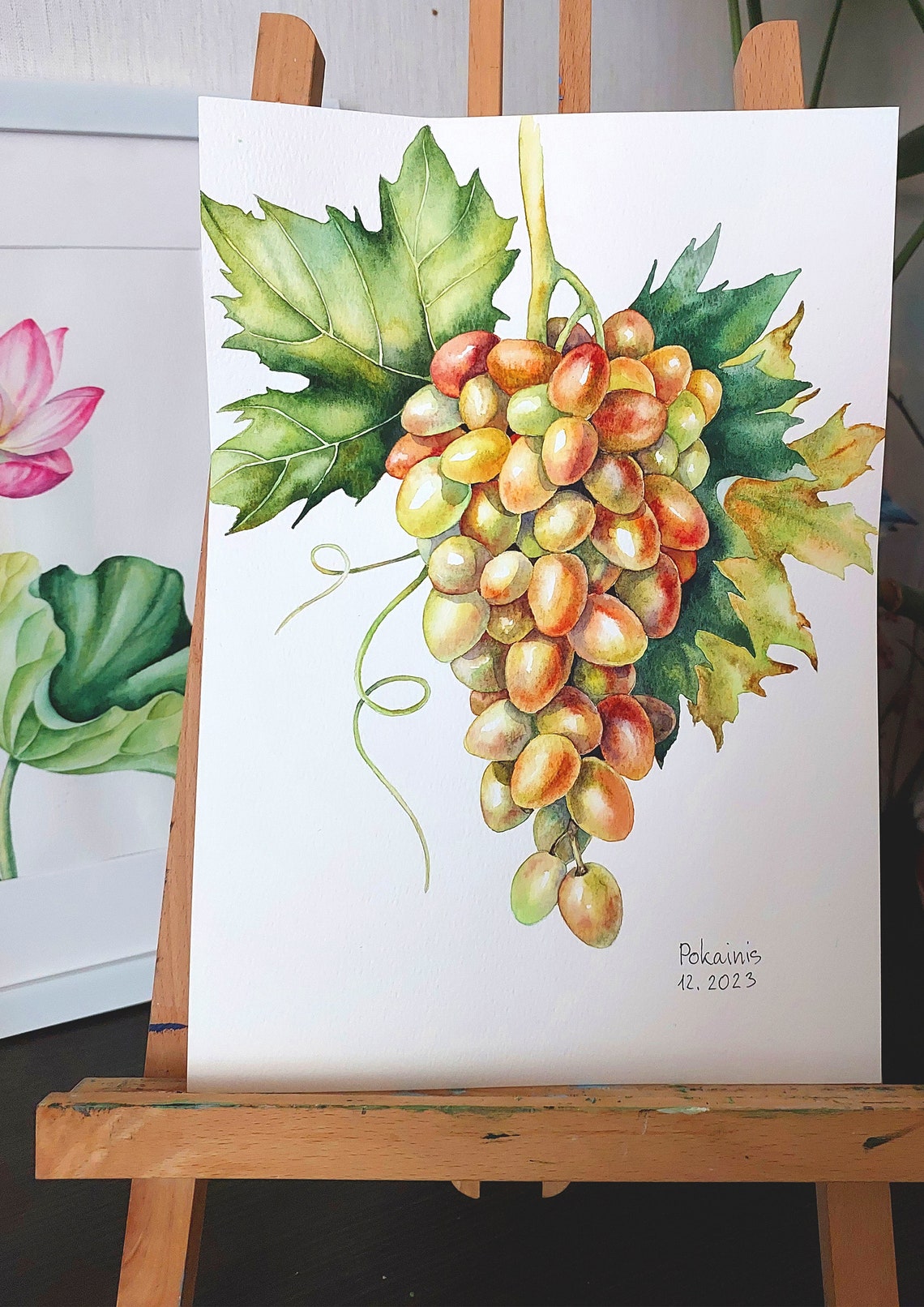 Golden Red Grape Cluster Vine Leaves Luminous Watercolor Poster - Image 2