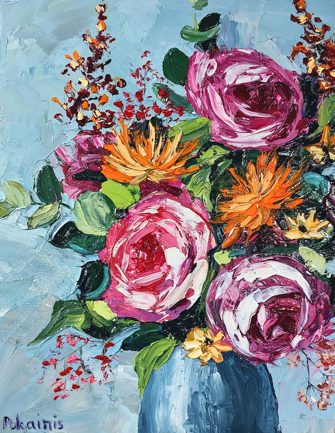 Pink Rose Bouquet Impasto Oil Painting Poster In Light Blue Vase