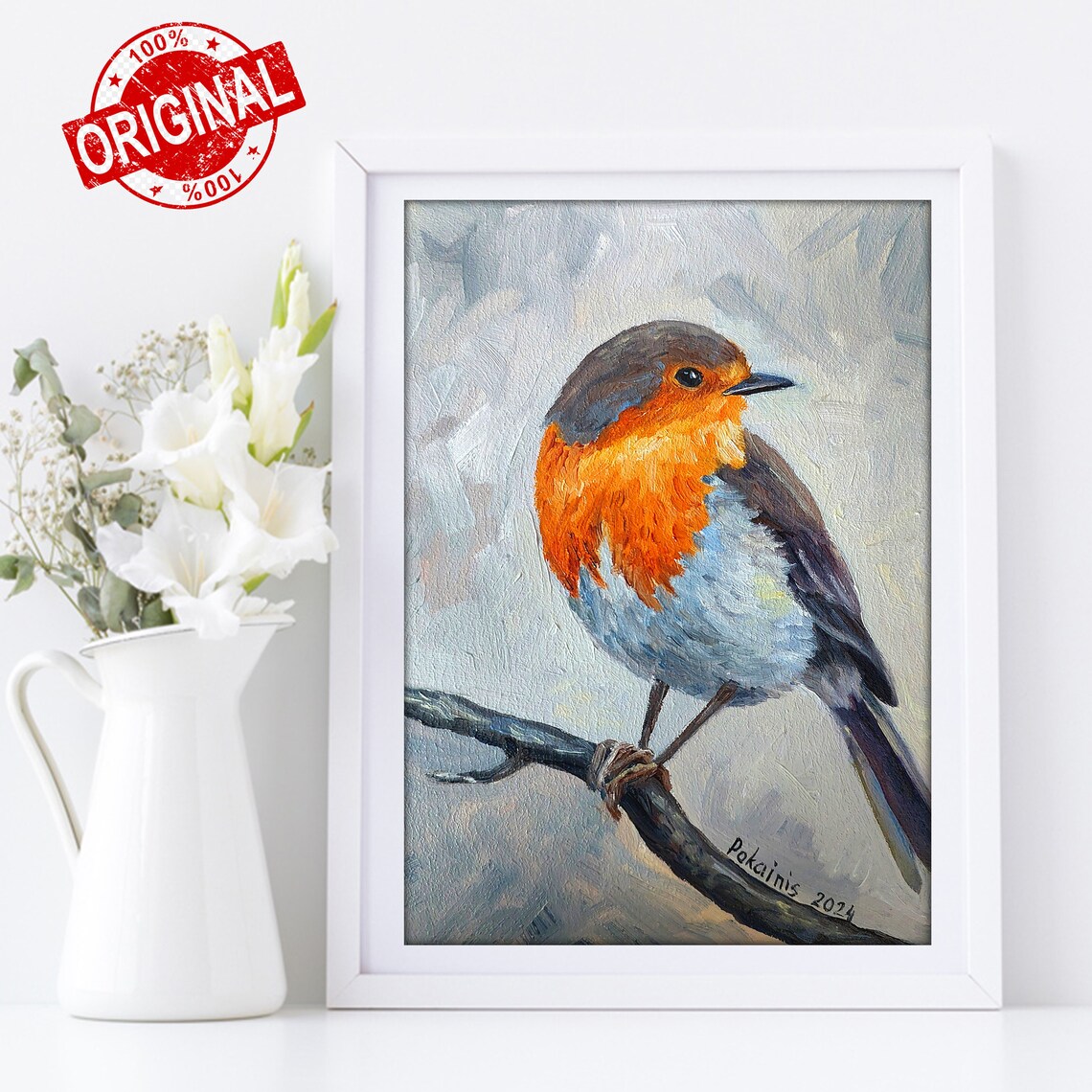 European Robin Close Up Original Oil Painting Bird Art Poster - Image 2