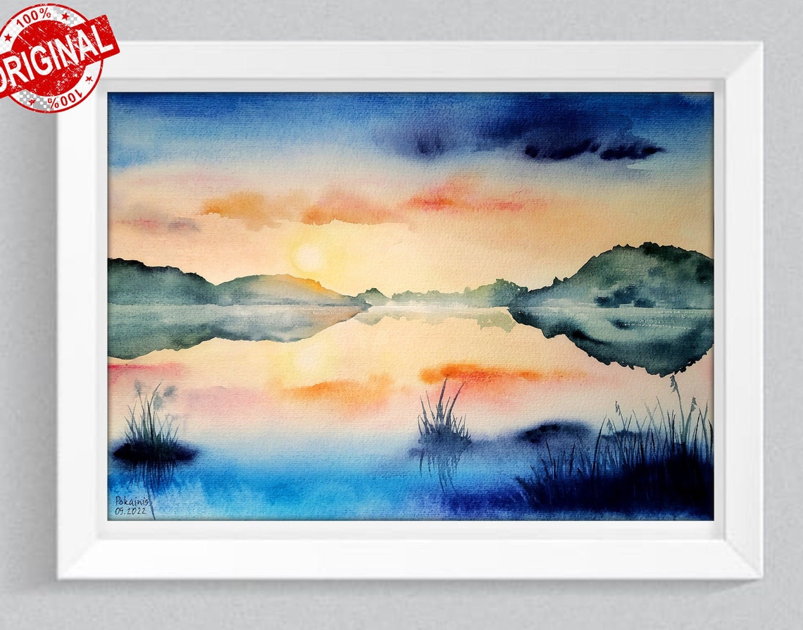 Misty Lake Sunrise with Reeds Watercolor Peaceful Landscape Poster - Image 2