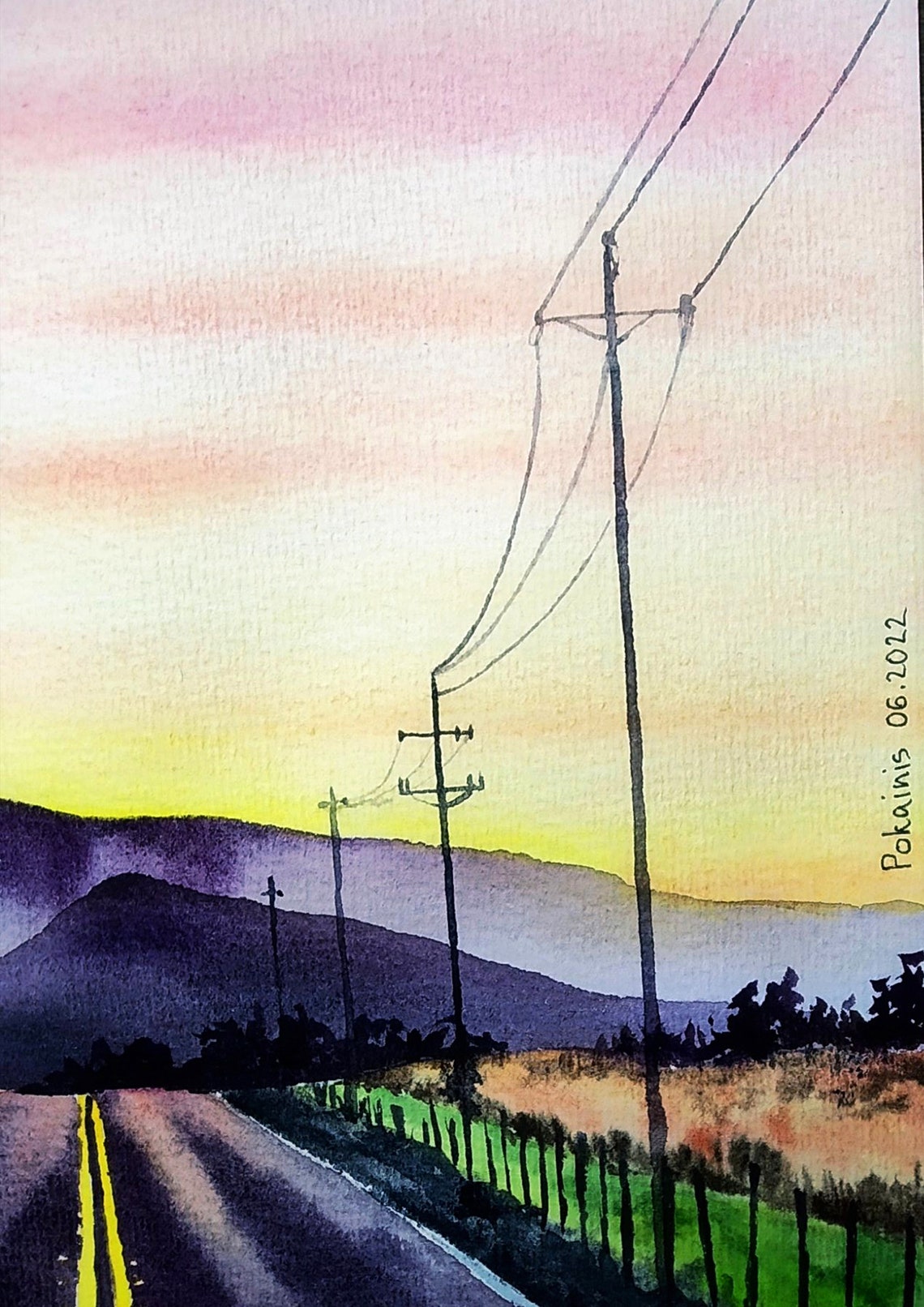 Open Road To Mountains Watercolor Poster Golden Sunset Drive - Image 3