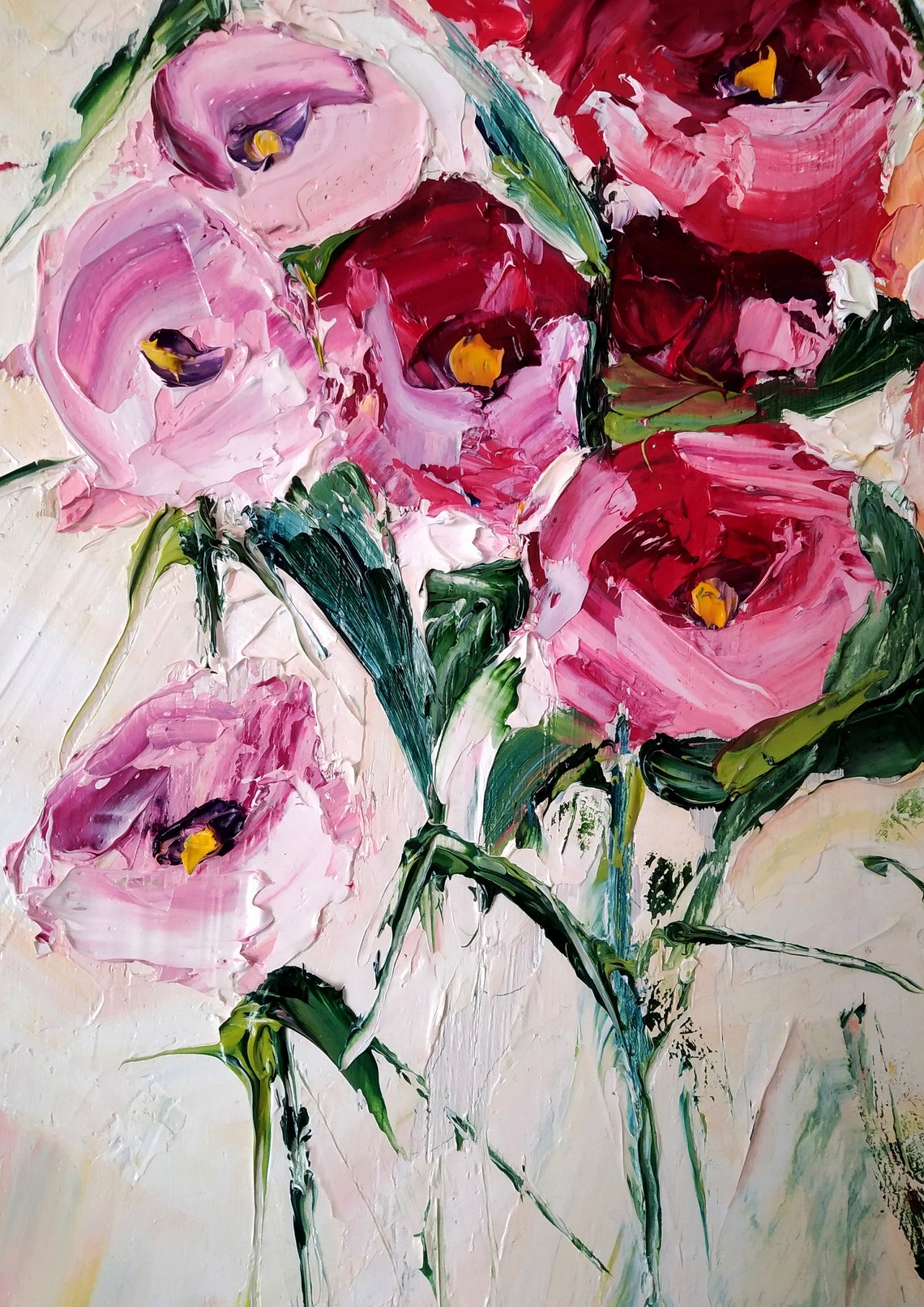 Pink Poppy Bouquet Impasto Oil Painting Poster Cream Background - Image 3