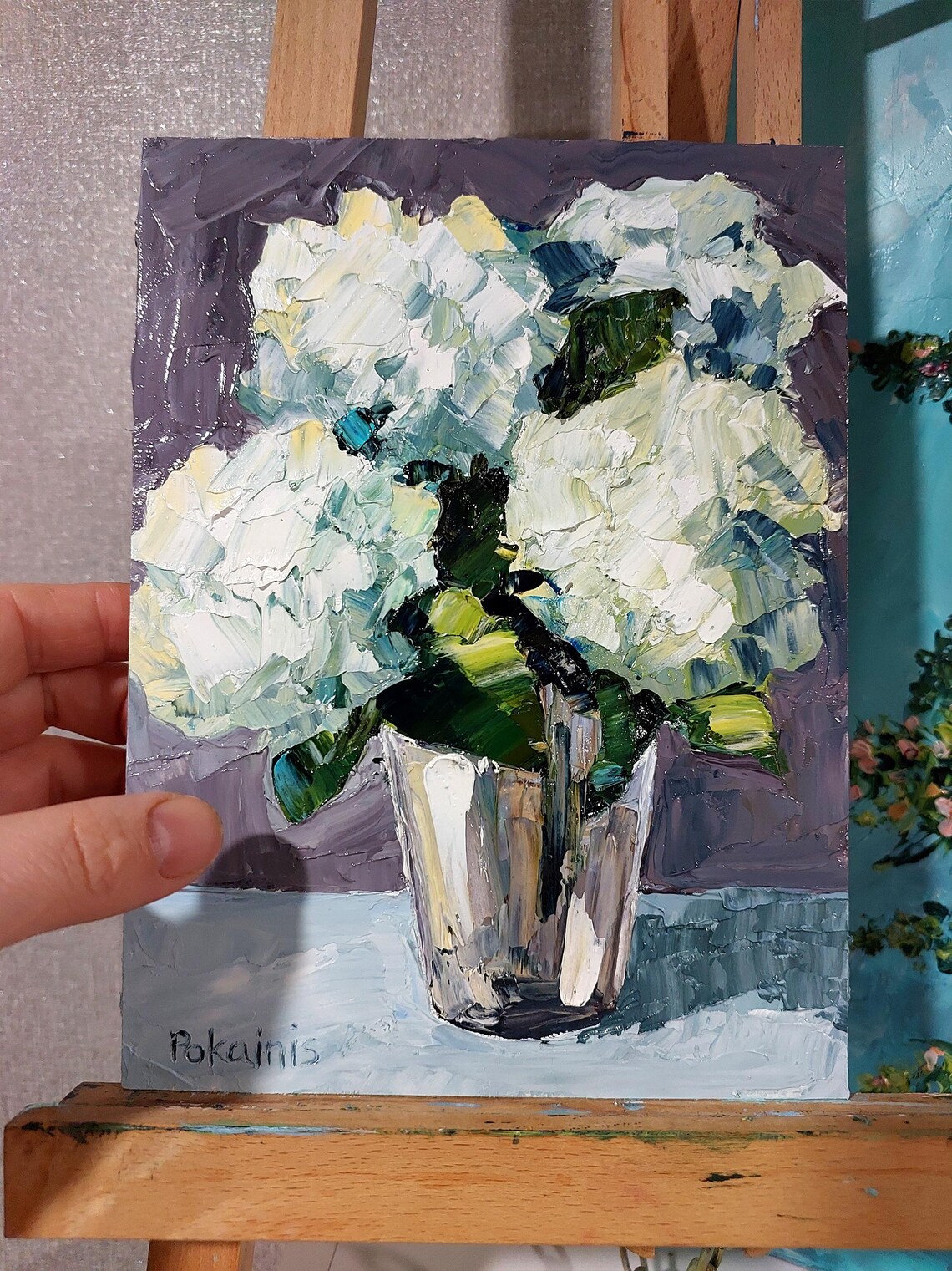 White Hydrangea Blooms in a Vase Impasto Oil Painting Floral Poster - Image 2