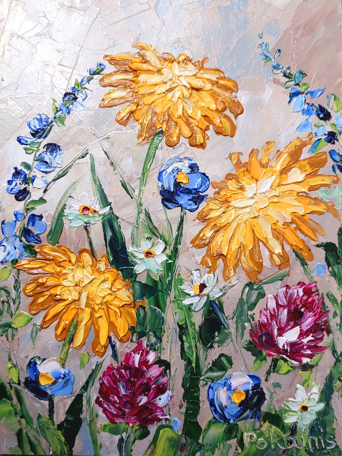 Wildflower Meadow Impasto Oil Painting Poster Orange Blue Blooms