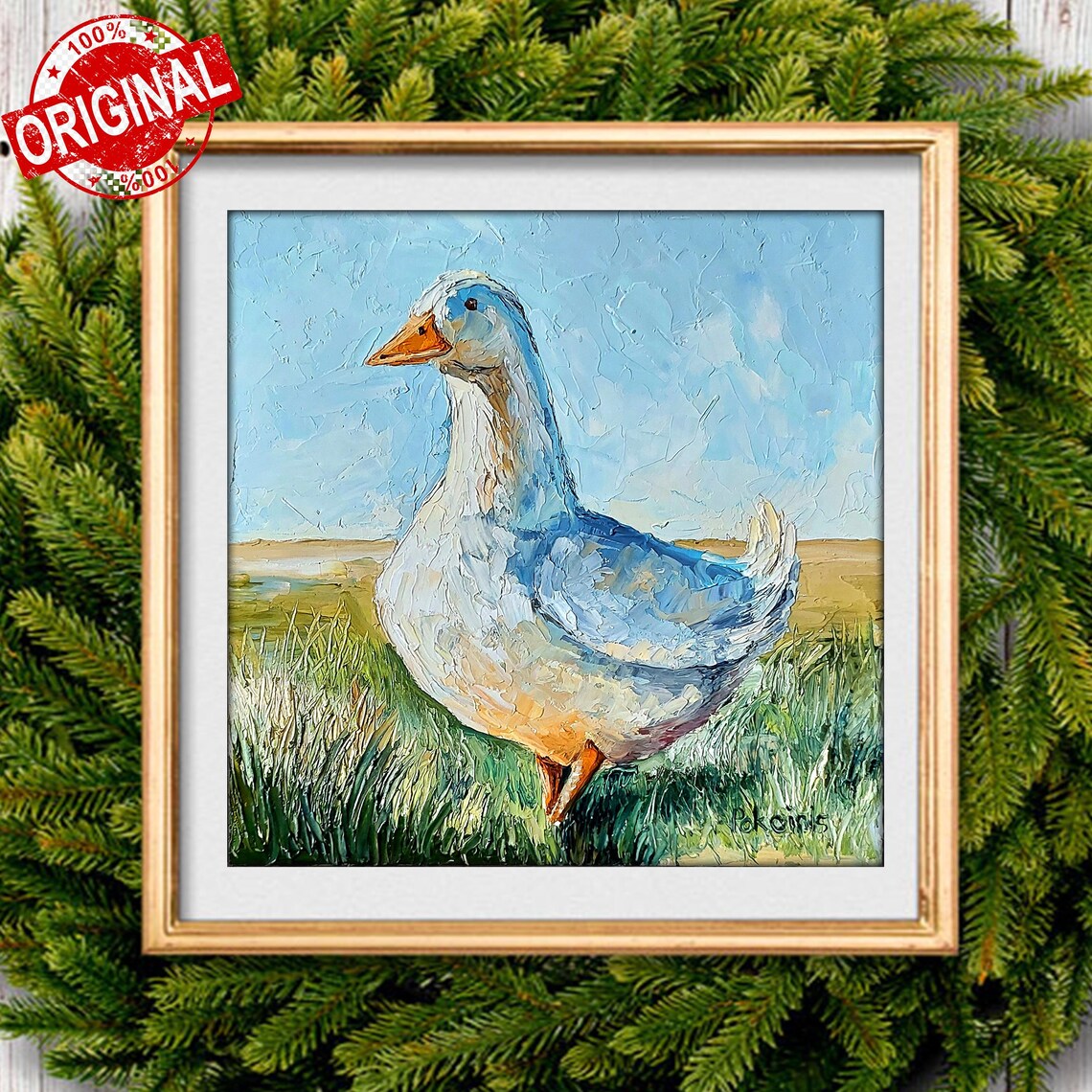 White Goose Oil Painting Farm Waterfowl Portrait Rustic Poster - Image 2