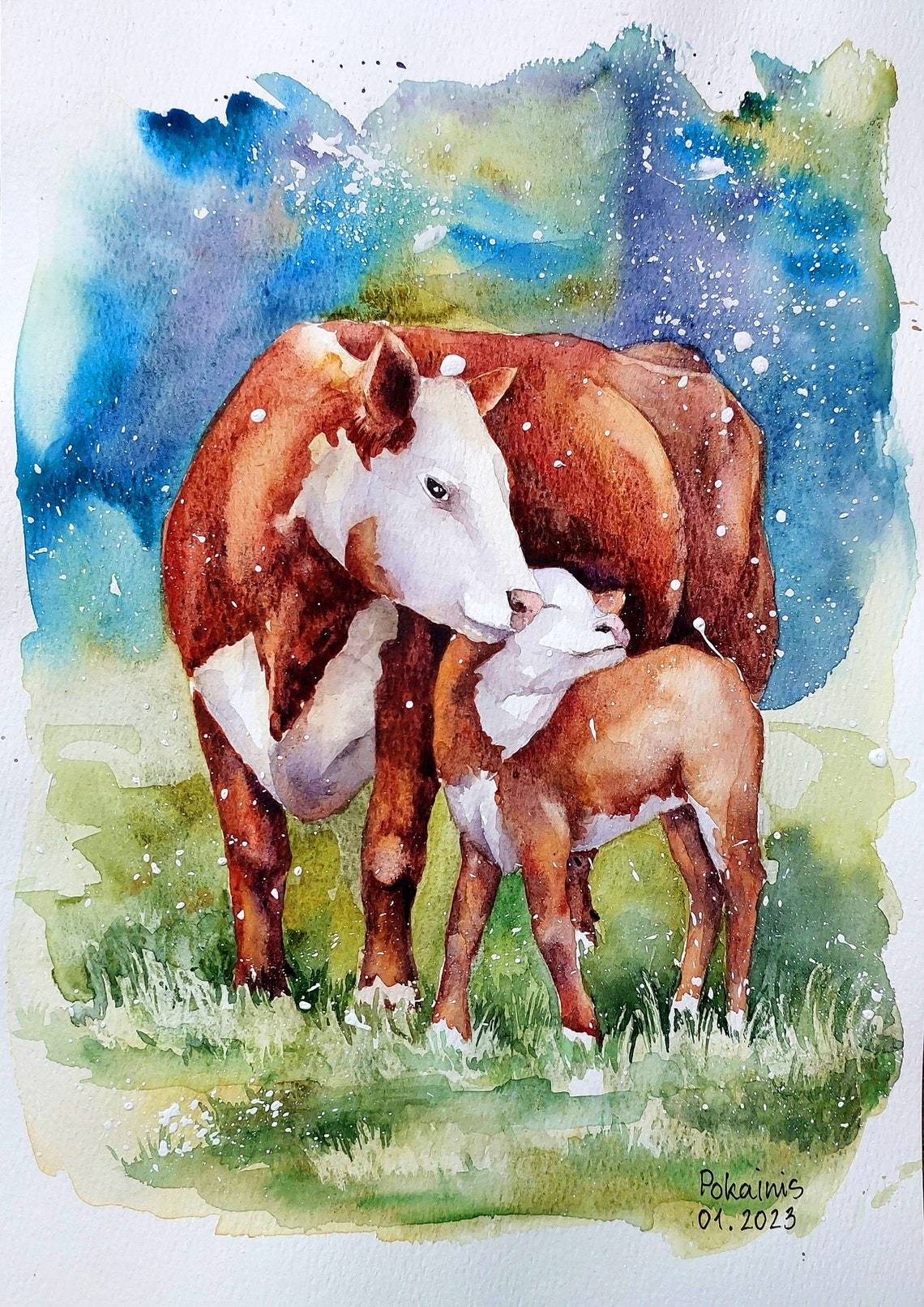 Bull Original Watercolor Painting Farm Animals Artwork Water Color Painting Cow Wall Art Cow With Calf Painting Countryside Painting