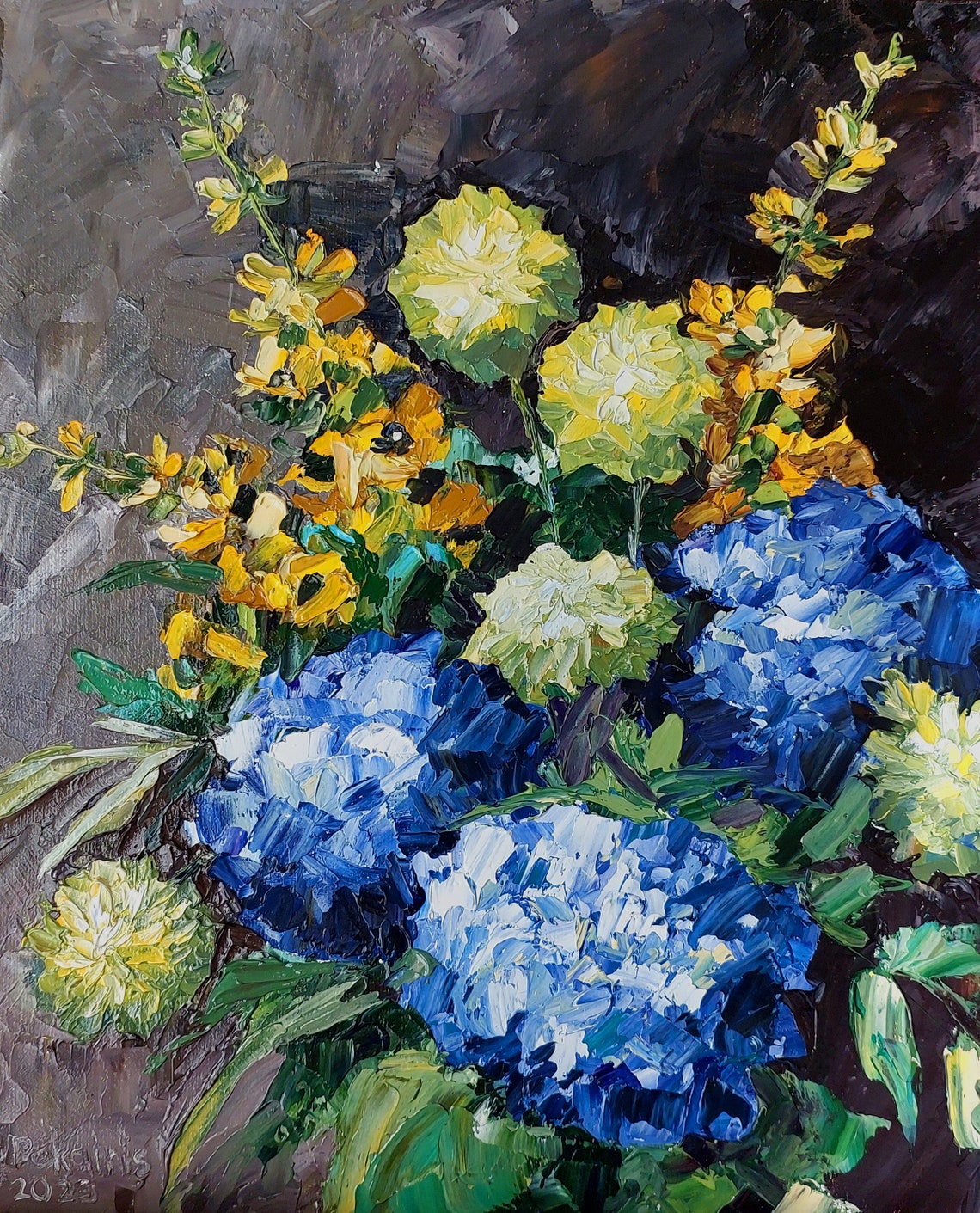 Blue Hydrangeas Impasto Oil Painting Bouquet Floral Art Poster