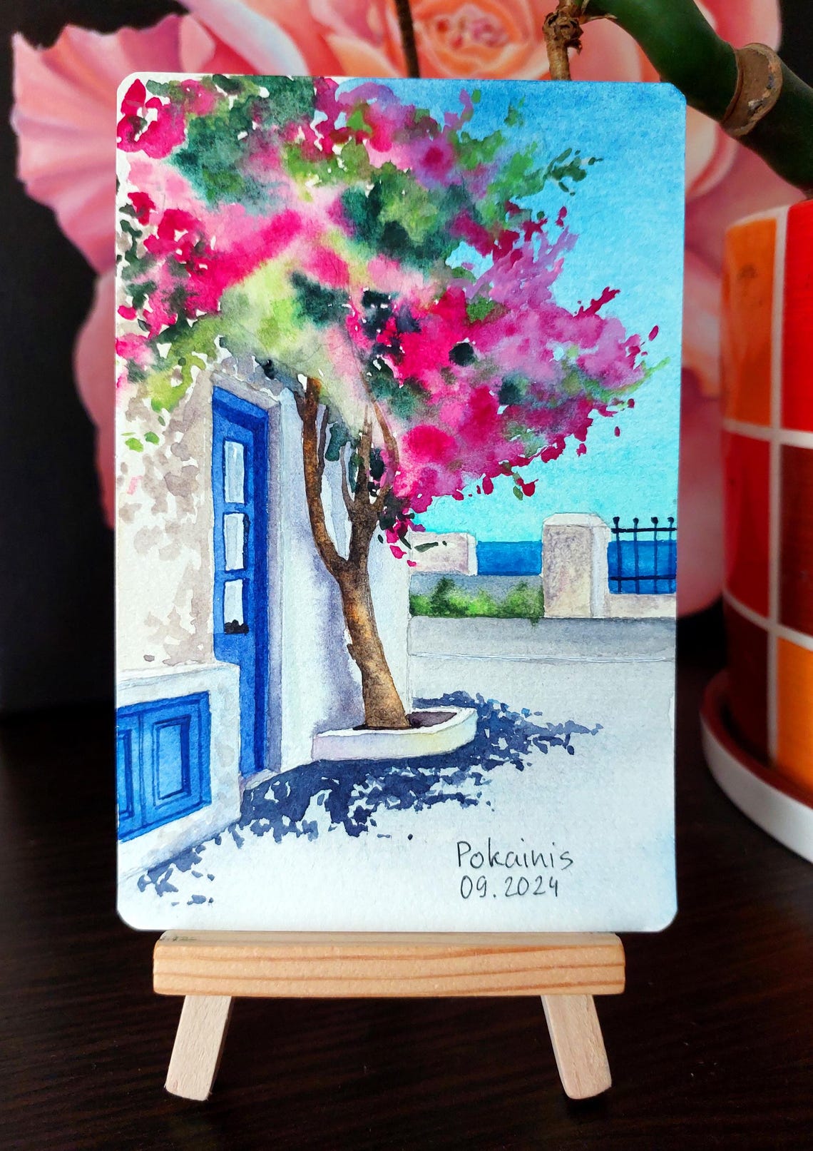 Santorini Bougainvillea Tree Beside Blue Door Watercolor Poster