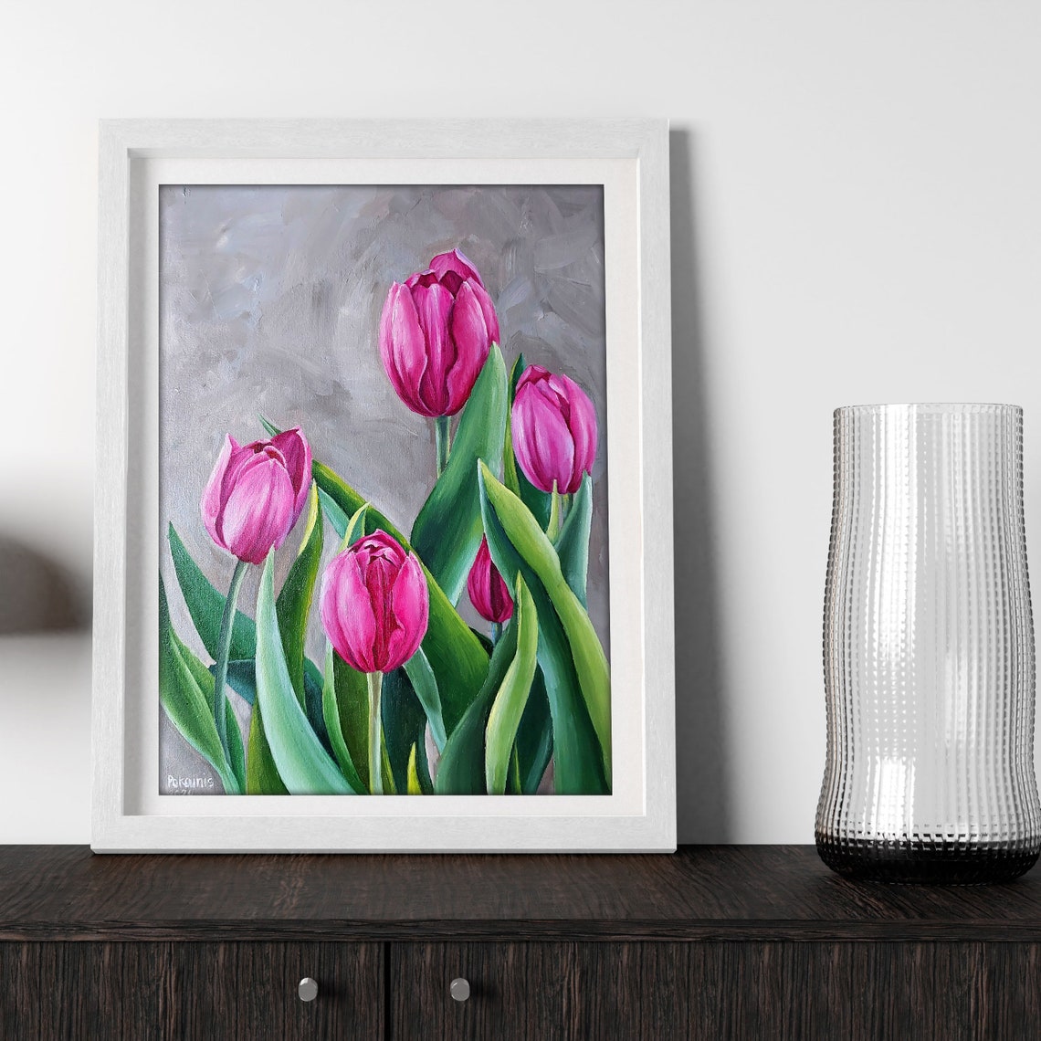 Pink Tulip Oil Painting Poster Fresh Blooms On Gray Background - Image 4