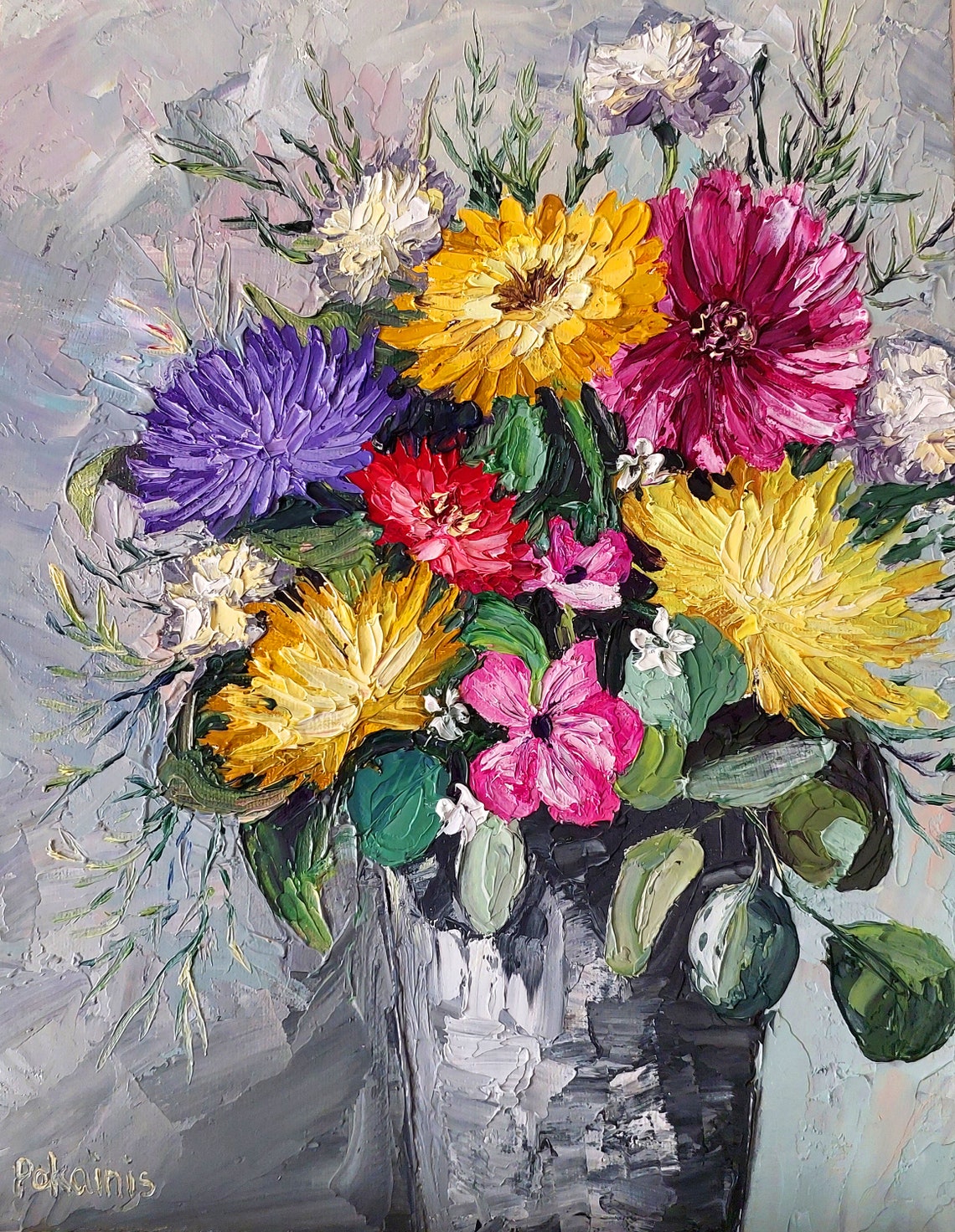 Colorful Chrysanthemum Bouquet in Dark Vase Impasto Oil Wall Art