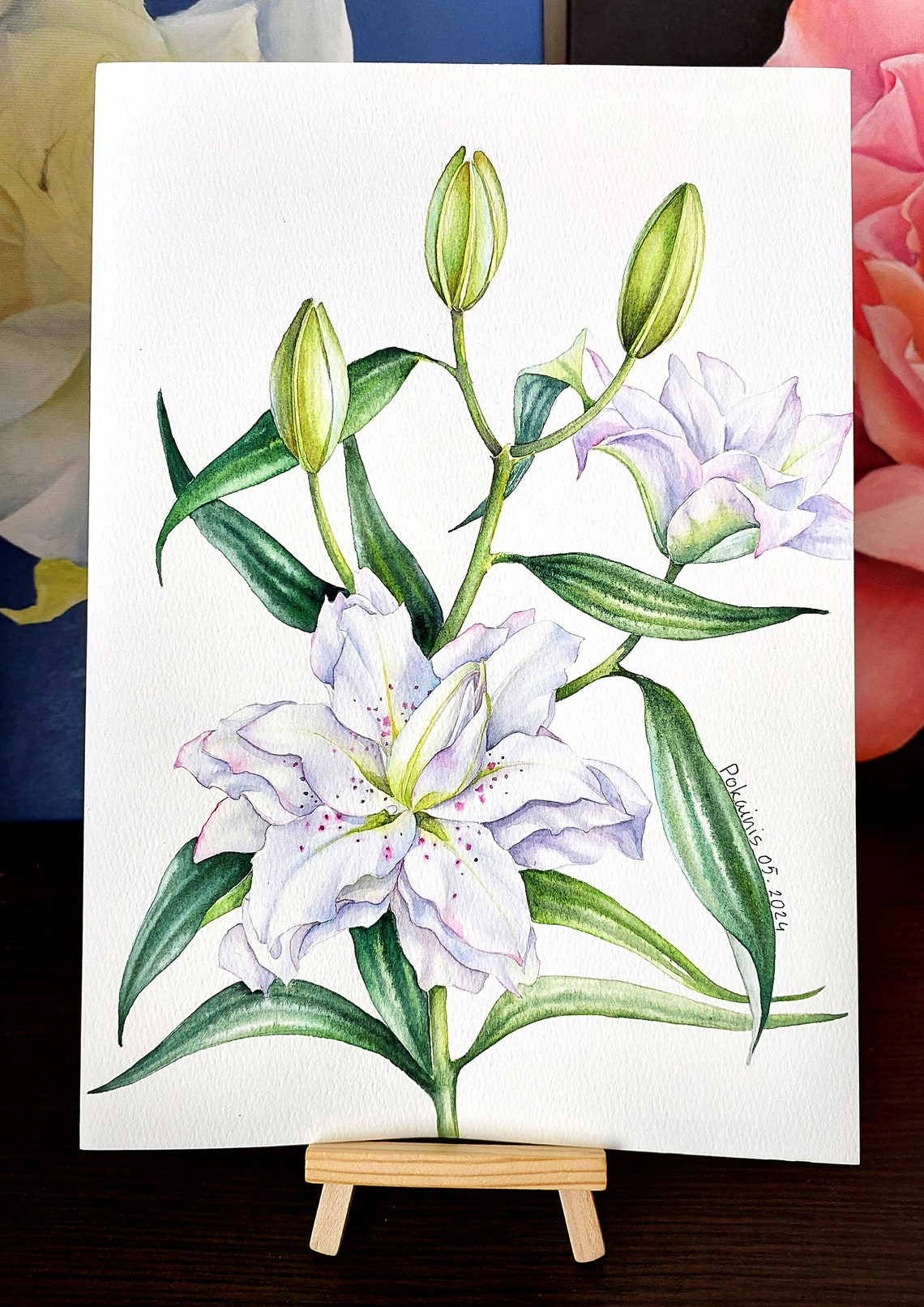 Elegant White Lily Watercolor Poster With Pink Blushed Blooms - Image 2