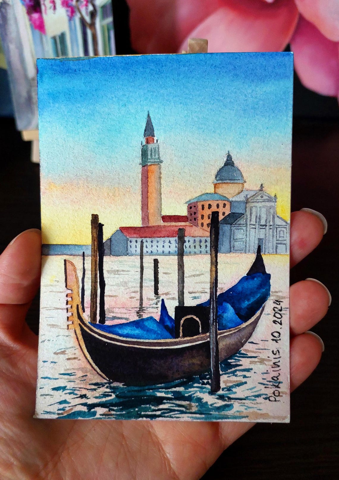 Venice Gondola Watercolor San Giorgio Maggiore Sunset Poster