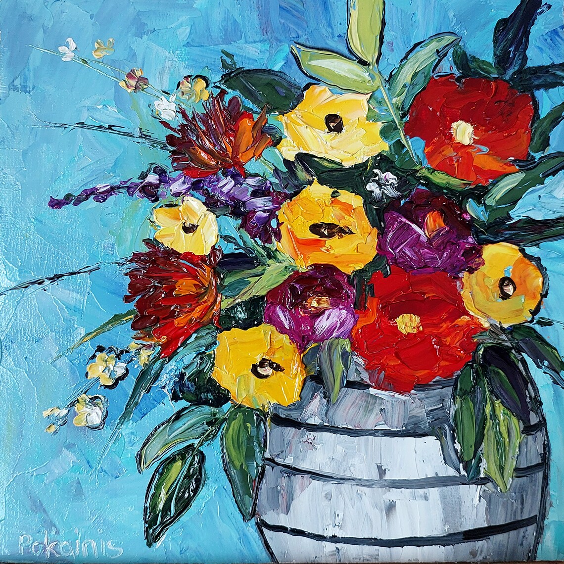 Red and Yellow Wildflower Bouquet Impasto Oil Painting Poster
