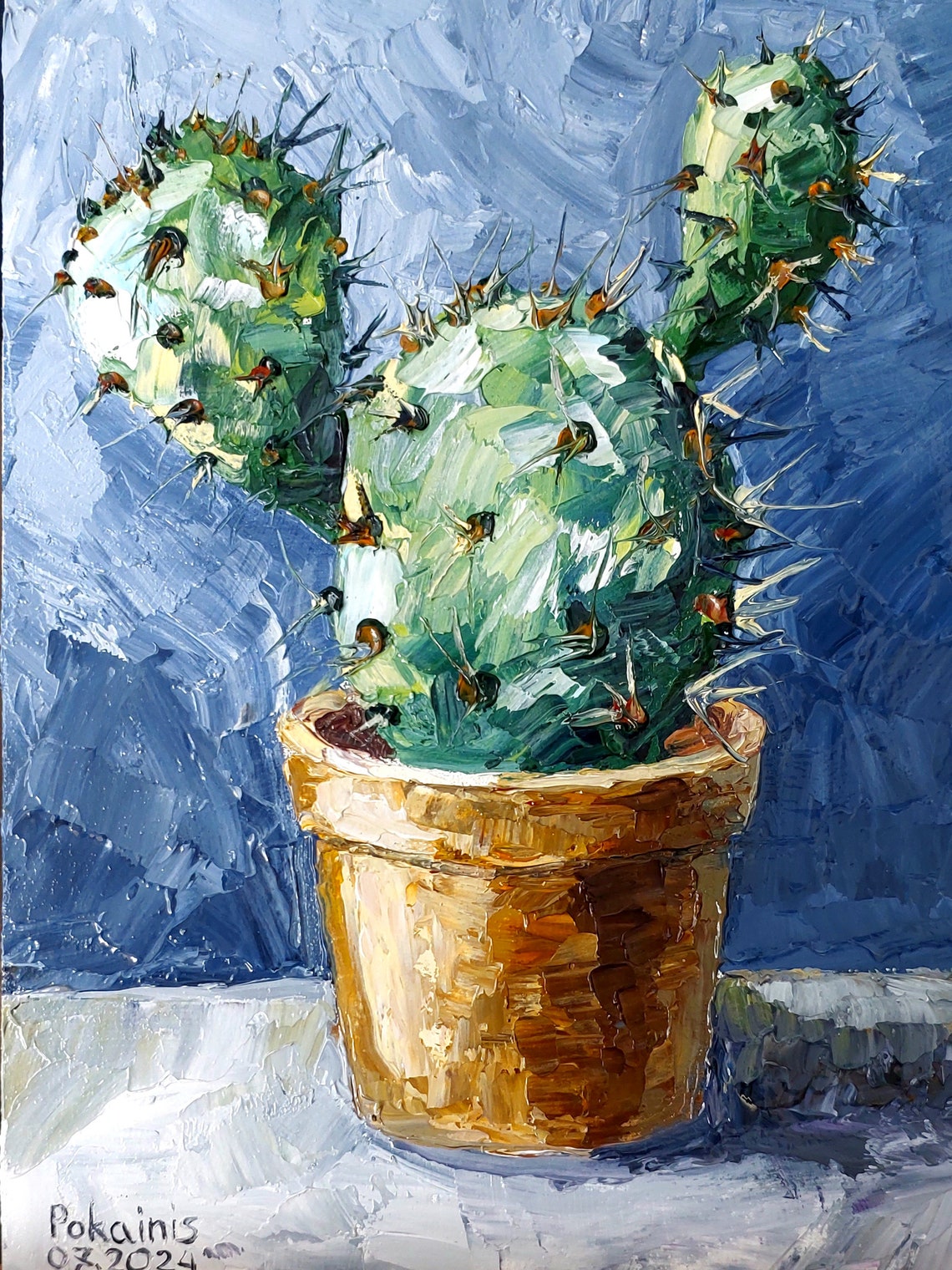 Round Pad Cactus in Terracotta Pot Impasto Oil Still Life Poster