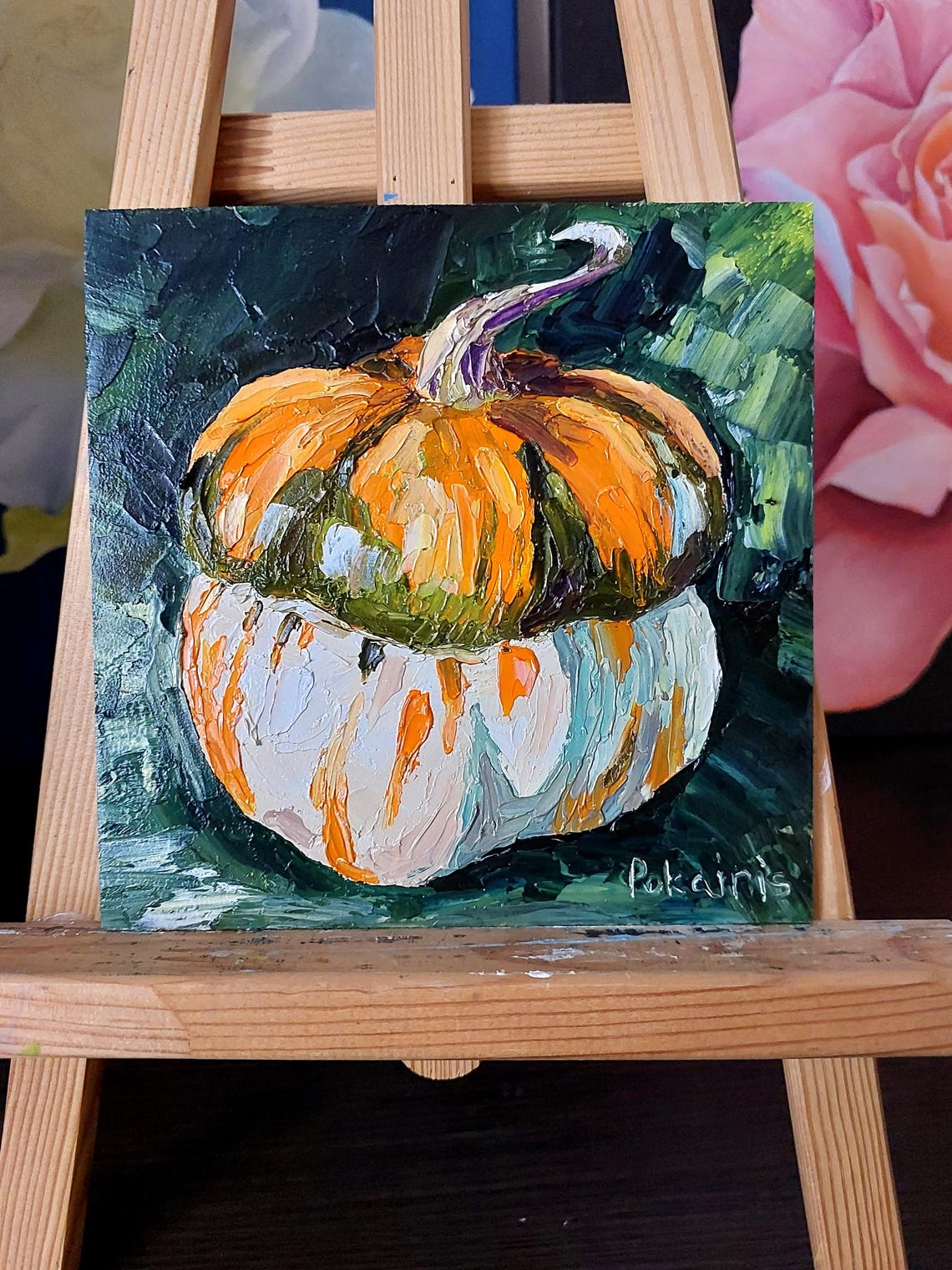 Orange and White Striped Pumpkin Impasto Oil Painting Fall Poster - Image 2