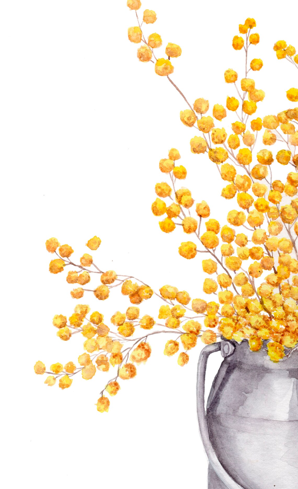 Mimosa Blossoms Overflowing Grey Milk Can Watercolor Floral Poster - Image 2