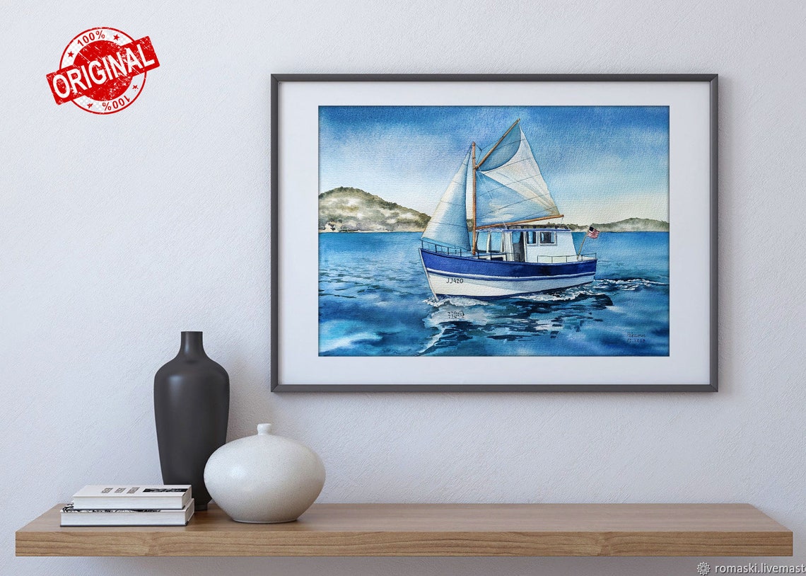 Sailboat JJ420 Under Sail on Bright Blue Sea Watercolor Poster - Image 3