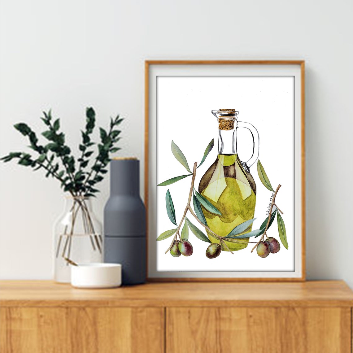 Olive Oil Bottle with Olive Branches Watercolor Kitchen Poster - Image 3