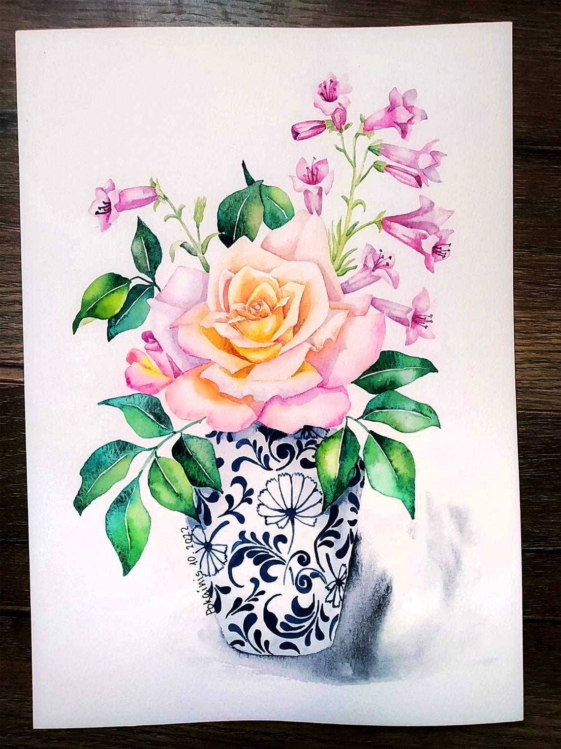 Peach Rose in Blue Chinoiserie Vase Watercolor Floral Poster - Image 3