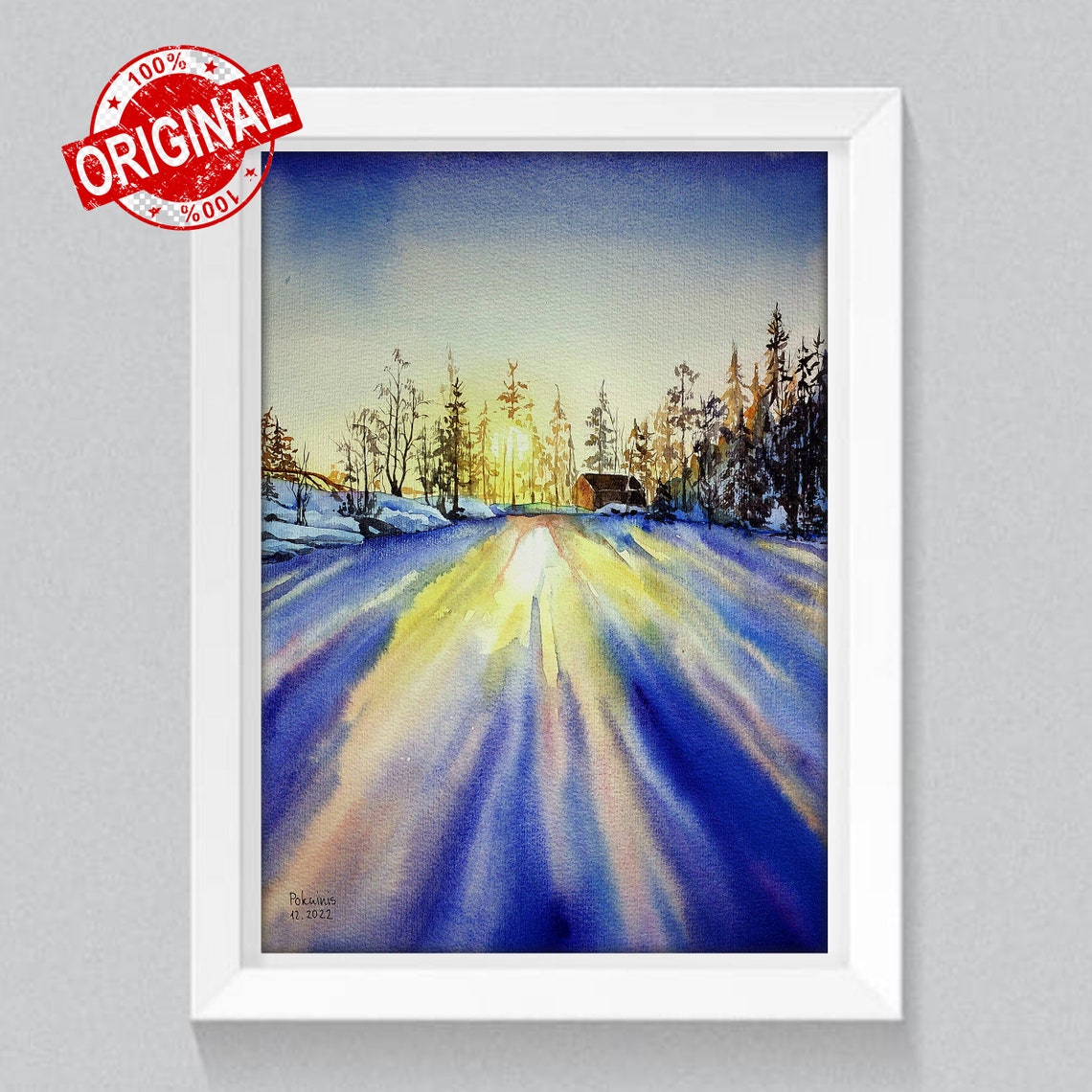 Snowy Forest Road at Golden Sunset Watercolor Winter Scene Poster - Image 2