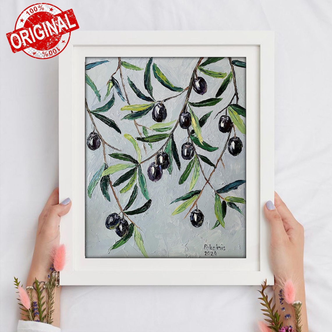 Black Olive Branch Impasto Oil Painting Poster Mediterranean Art - Image 4