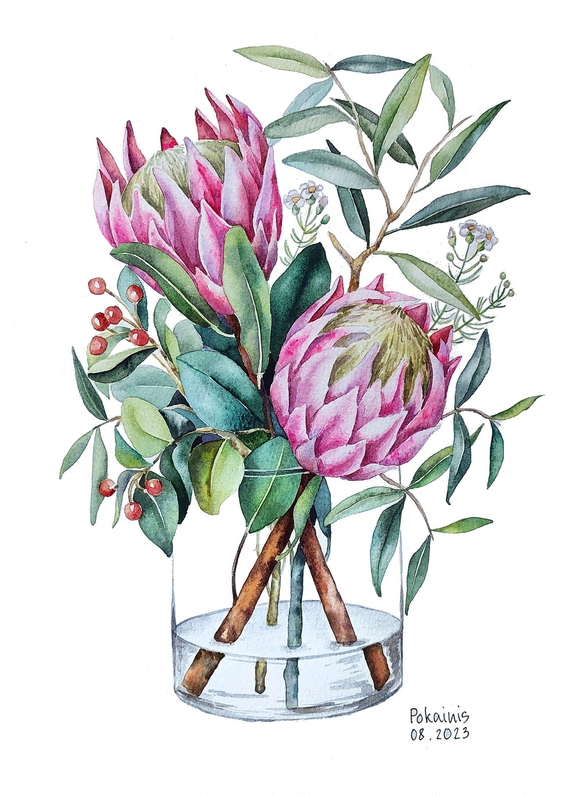 Pink Protea Flowers Arranged in Glass Vase Watercolor Wall Art