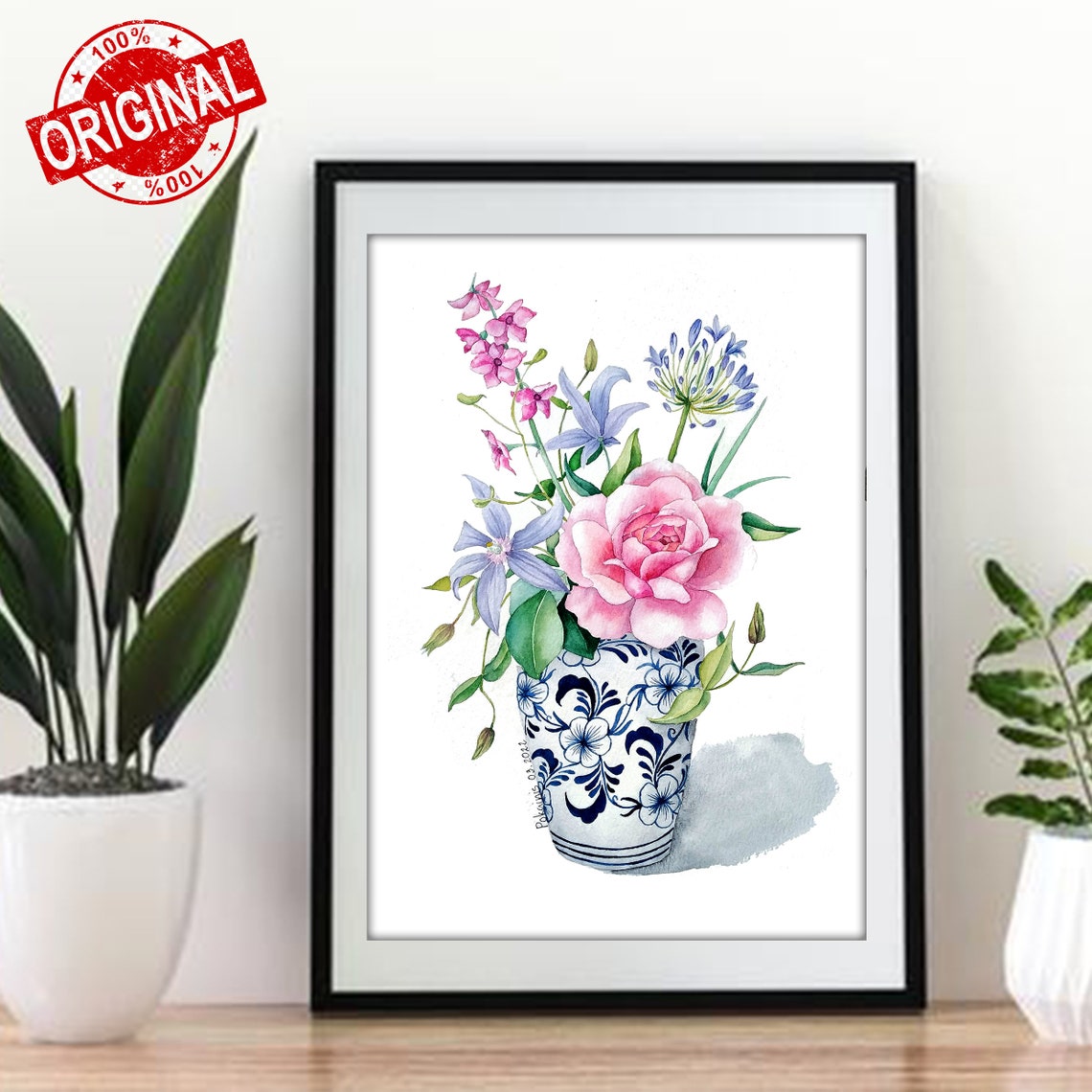 Watercolor Pink Rose Bouquet Poster In Blue Chinoiserie Vase - Image 2