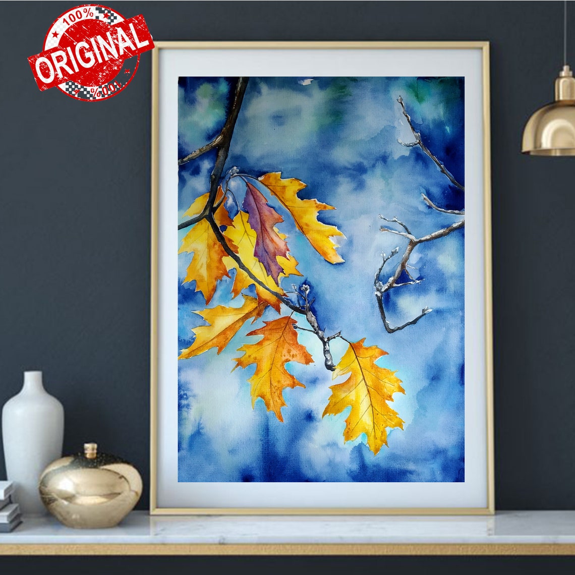 Autumn Oak Leaves Falling Over a Deep Blue Sky Watercolor Print - Image 3