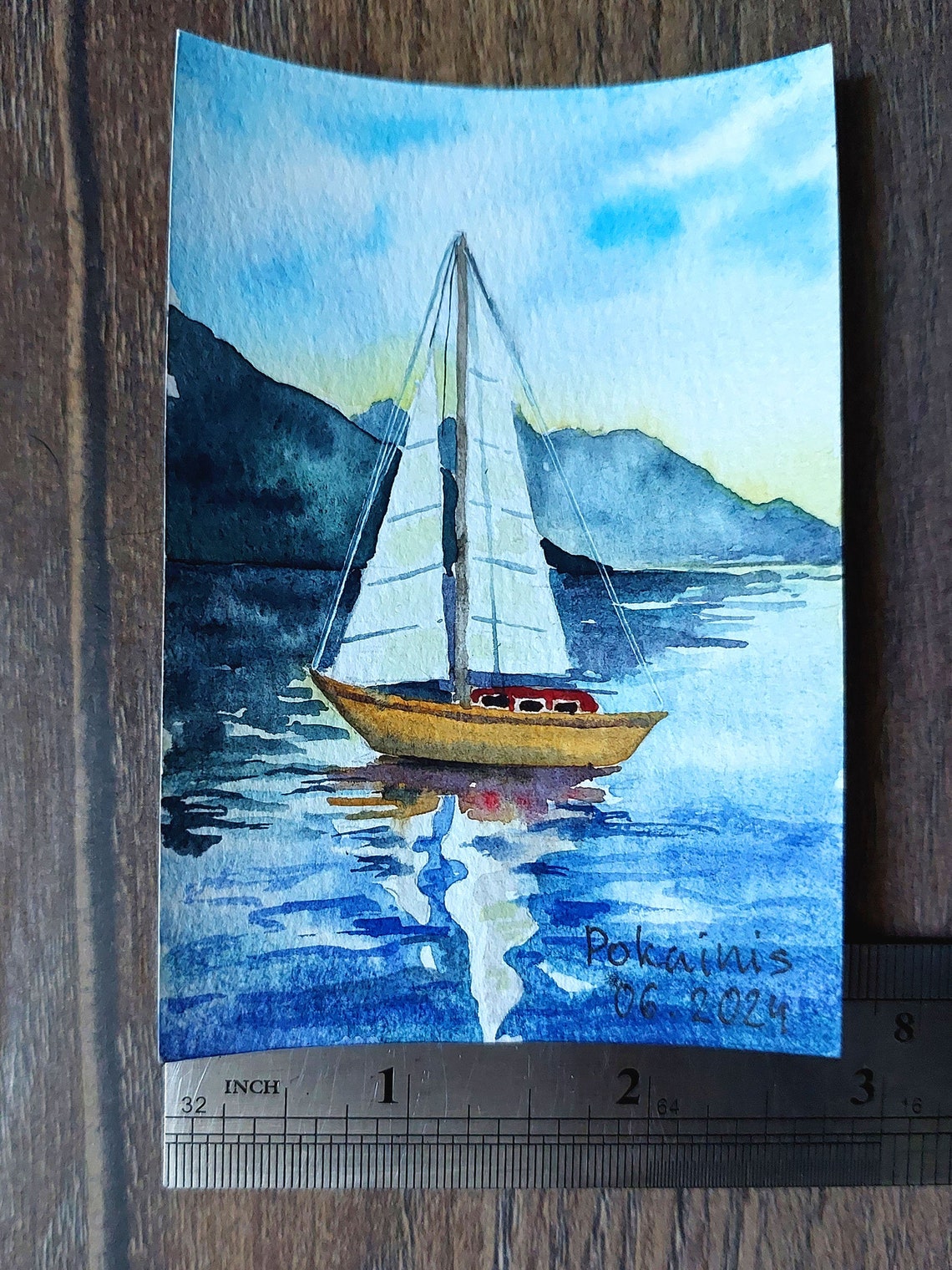 Sailboat Under Moonlit Sky Night Sailing Watercolor Miniature Poster - Image 2