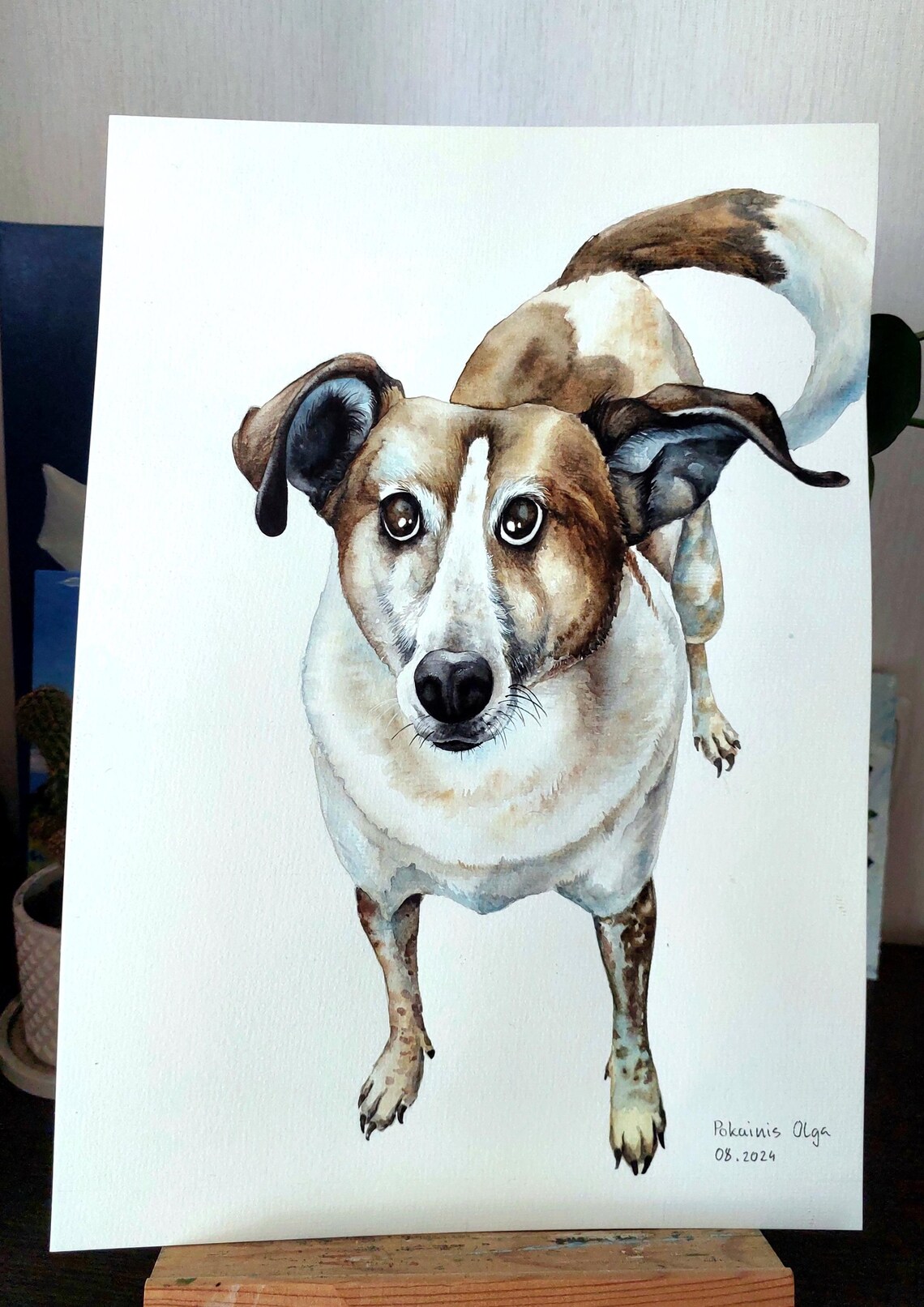 Brown and White Dog Portrait Looking Up Watercolor Pet Art Poster - Image 2