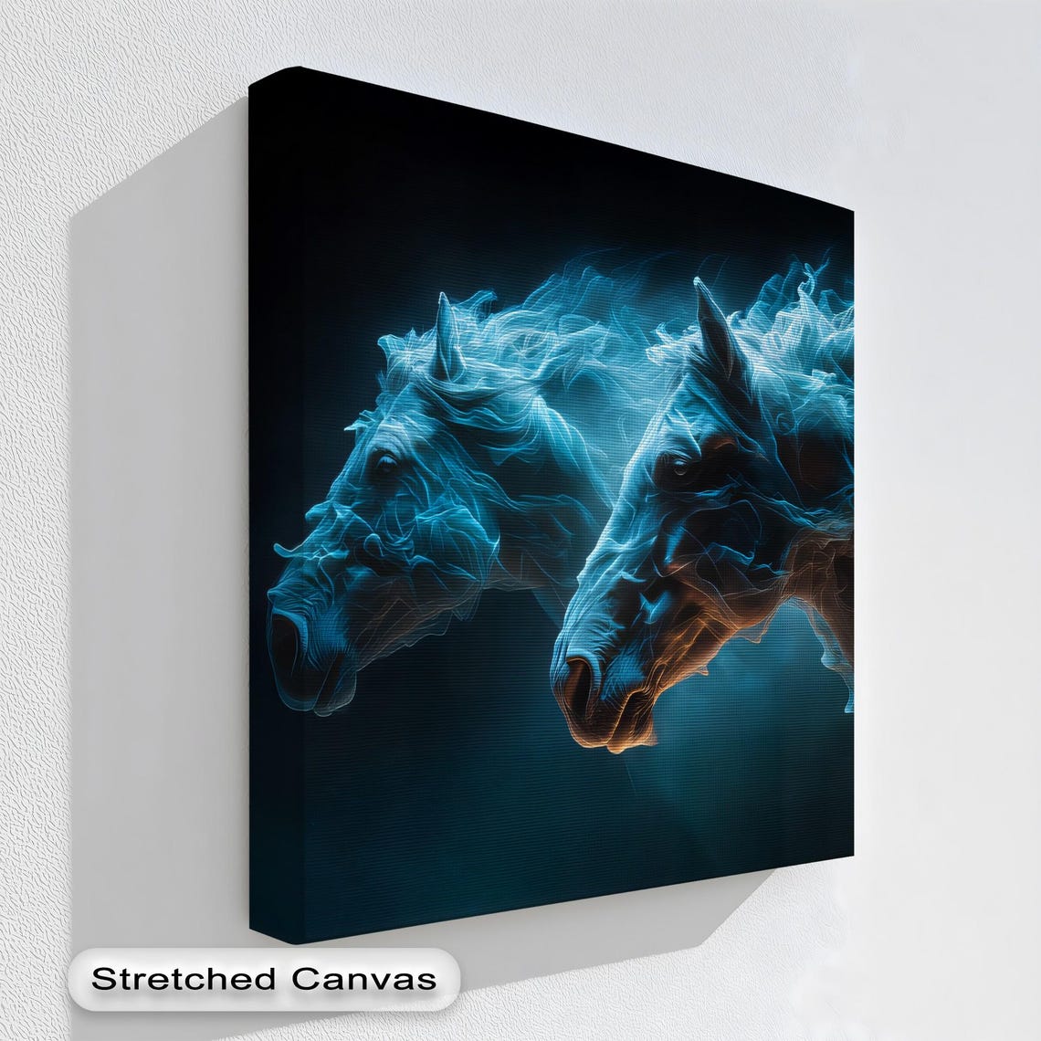 Blue Flame Horse Heads Electric Neon Abstract Art Canvas Print