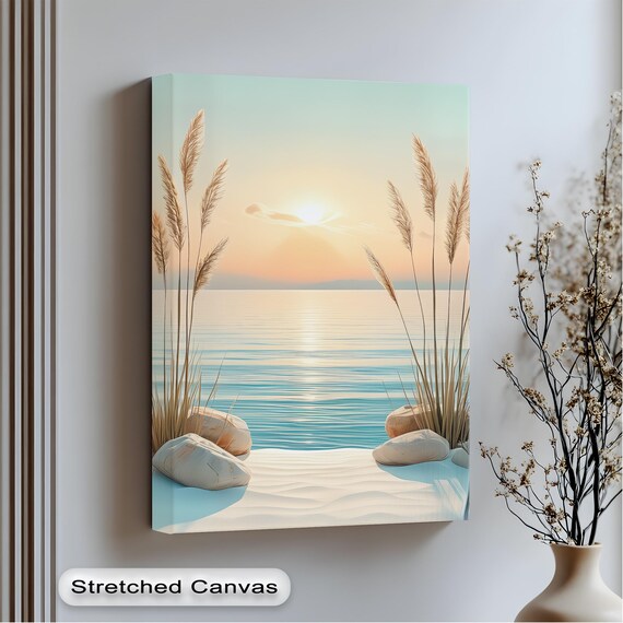 Beach Sunrise Pampas Grass Stones Serene Coastal Canvas Wall Art