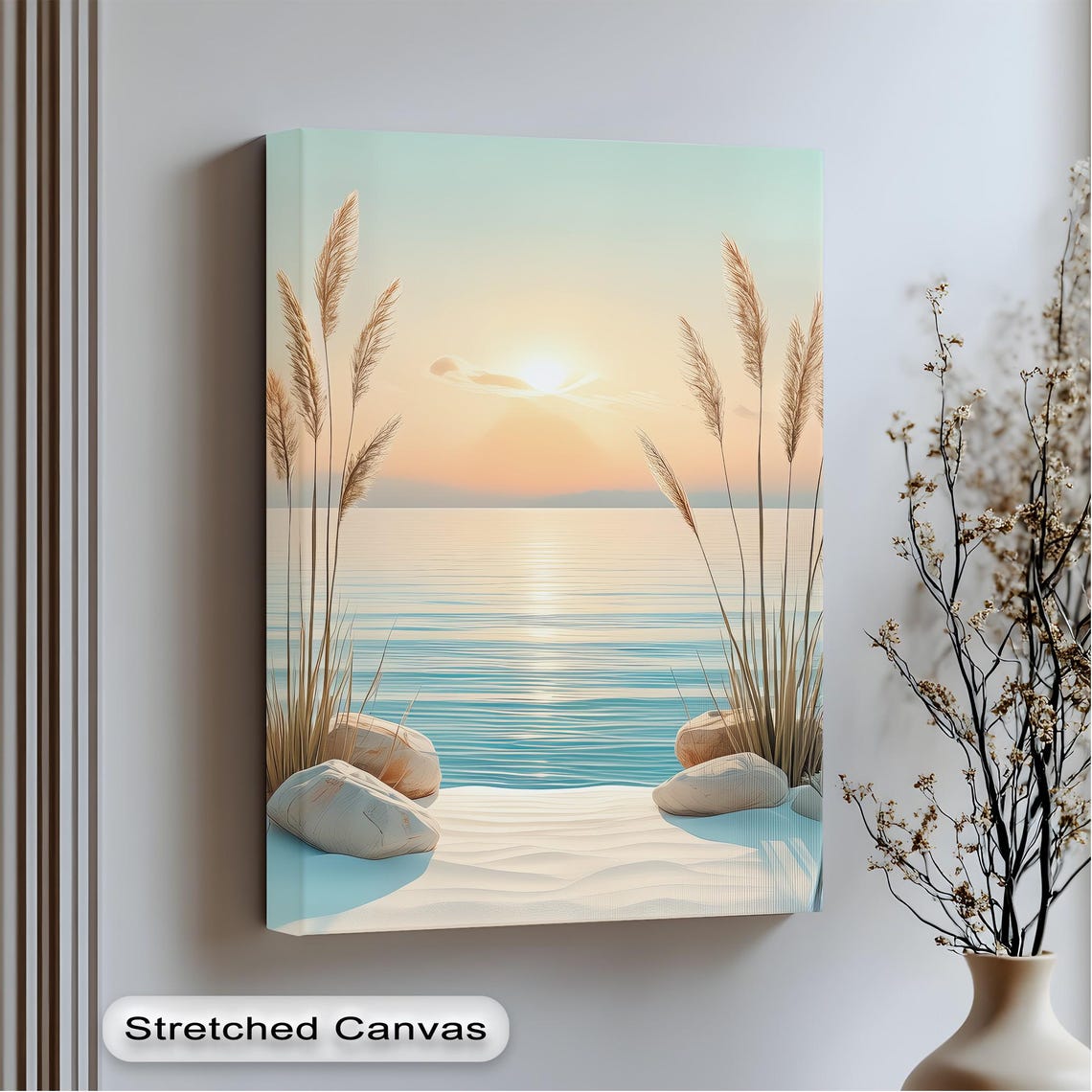Beach Sunrise Pampas Grass Stones Serene Coastal Canvas Wall Art