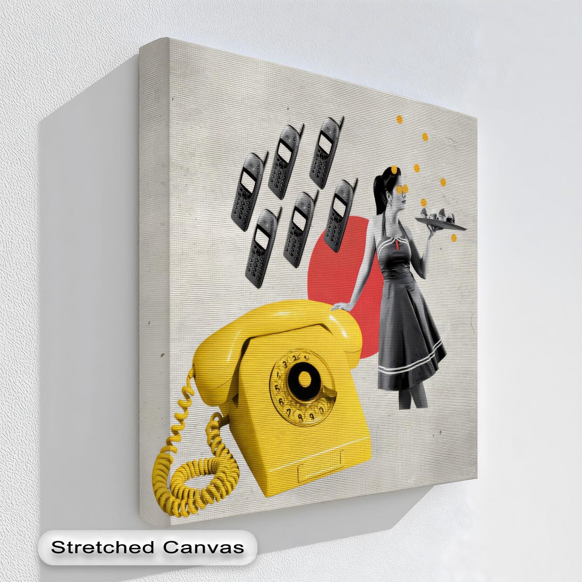 Yellow Rotary Phone Pop Art Retro Collage Waitress Wall Decor Poster