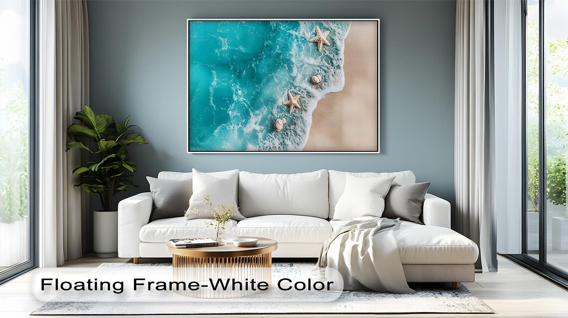 Starfish Beach Aerial Canvas Wall Art Ocean Shore Poster Framed Coastal Decor