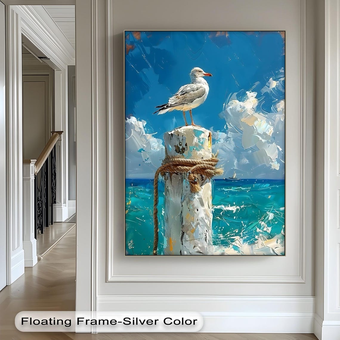 Seagull On Weathered Pier Post Coastal Ocean Oil Painting Print