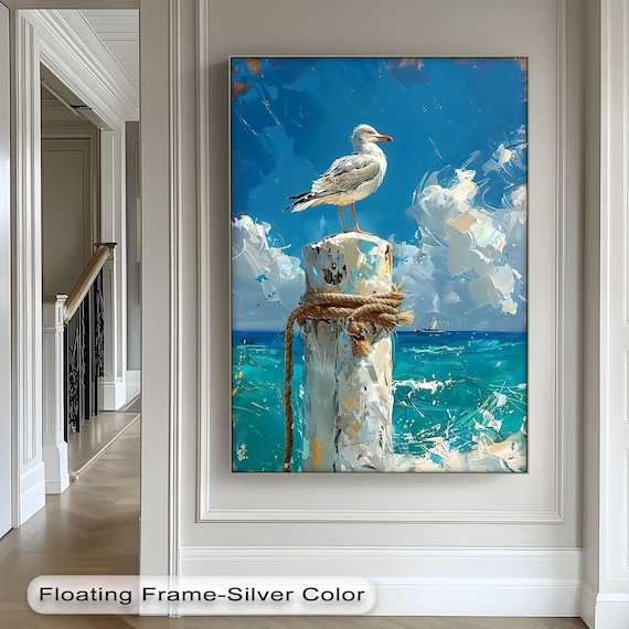 Seagull On Weathered Pier Post Coastal Ocean Oil Painting Print