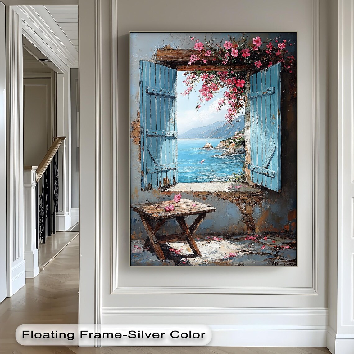 Mediterranean Seaside View Through Blue Shutters Floral Coastal Scene Poster