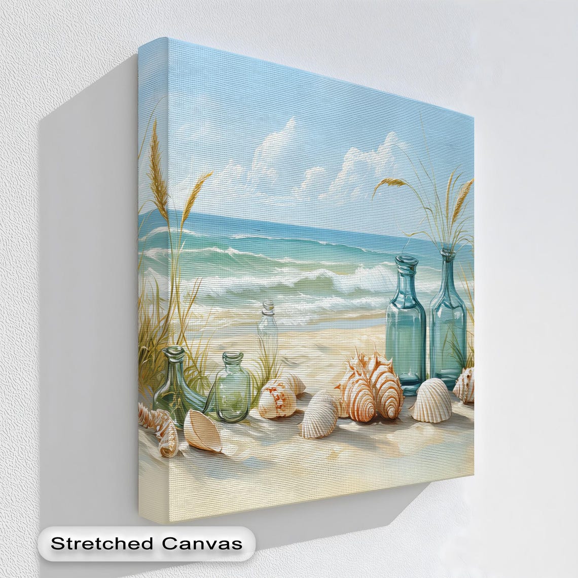 Coastal Bottles and Seashells Sandy Beach Ocean Canvas Wall Art