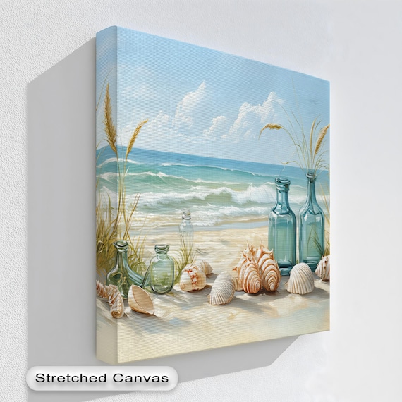 Coastal Bottles and Seashells Sandy Beach Ocean Canvas Wall Art