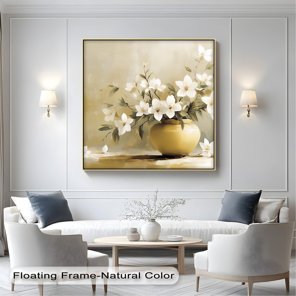 White Blossom Branches Golden Vase Warm Classic Floral Poster