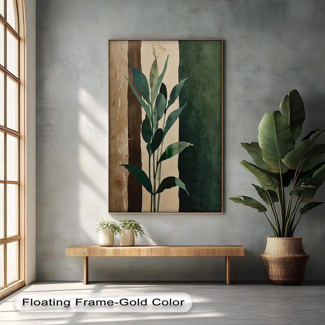 Serene Abstract Botanical Green Leaves Beige Minimalist Art Poster
